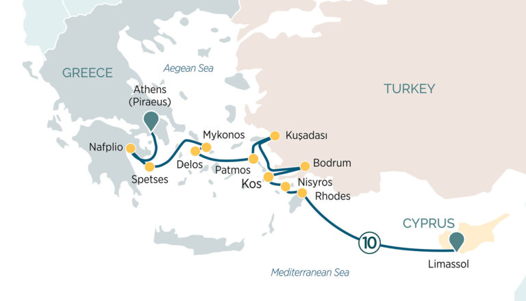 Your all-inclusive voyage begins in Cyprus and glides through iconic ports and idyllic islands including Rhodes, Bodrum, Ephesus, Mykonos and more