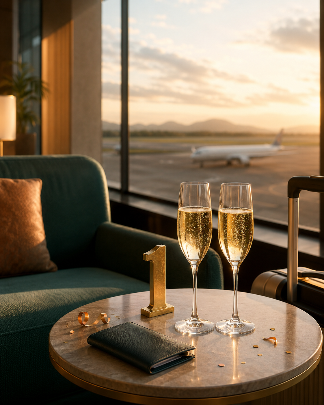 Two glasses of sparkling wine beside a gold number one in an airport lounge